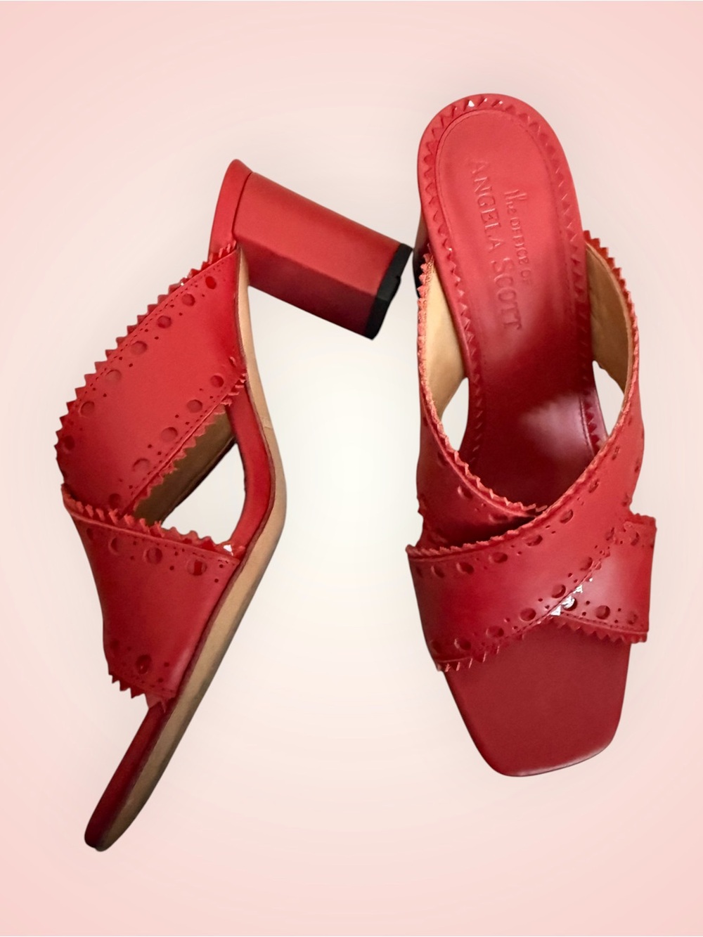 The office of Angela Scott Red Leather Block Heel Slide Sandals